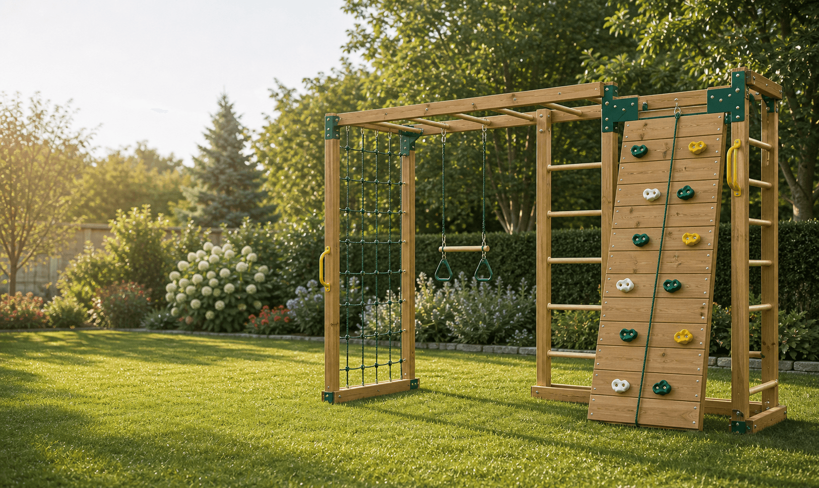 Outdoor climbing frame with rope net and climbing wall in a garden setting