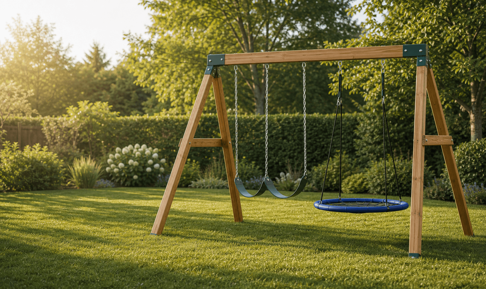 Wooden outdoor swing set in a premium garden setting